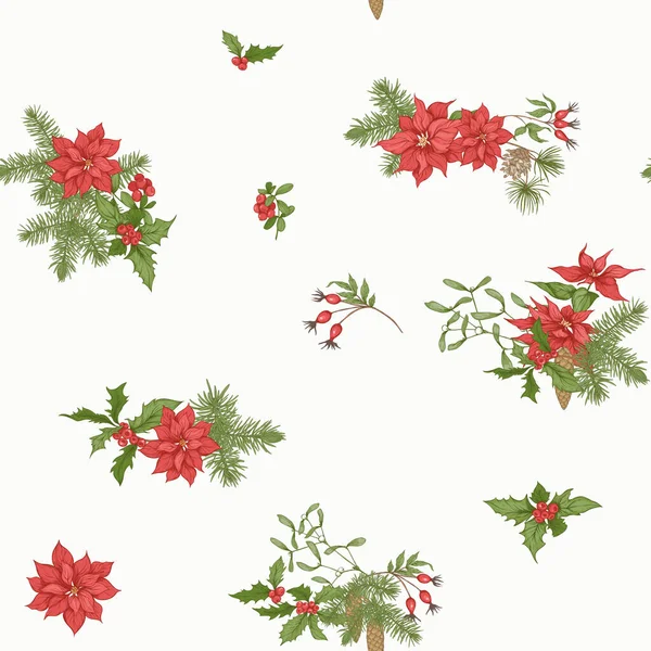 Christmas wreath of spruce, pine and poinsettia. — Stock Vector