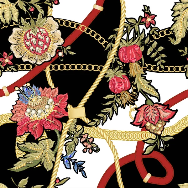 Fantasy flowers in retro, vintage jacobean embroidery style. — 스톡 벡터