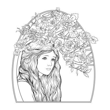 Çember çerçeveli bir çiçeğin arka planında genç ve güzel bir kız. Yetişkin boyama kitabı için boyama sayfası. Vektör çizimi. Yeni sanat tarzında, eski, eski, eski tarzda..