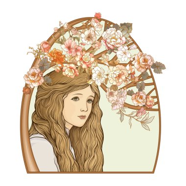 Çember çerçeve sanatında bir çiçeğin arka planında genç ve güzel bir kız. Renkli vektör çizimi için elementler dizisi. Yeni sanat tarzında, eski, eski, eski tarzda..