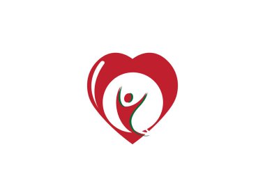 Beyaz arka plan üzerinde kalp logosu neşeli insan silueti 