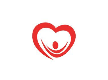 Beyaz arka plan üzerinde kalp logosu neşeli insan silueti 