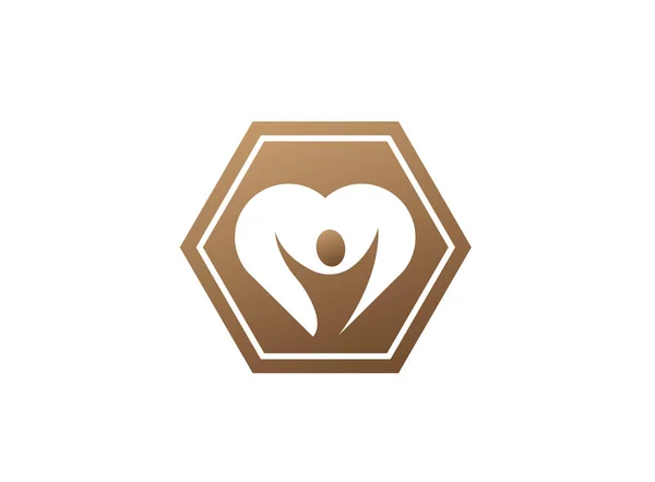 Glad Mänsklig Siluett Hjärtat Logo Brunt Polygonal Klistermärke Isolerad Vit — Stock vektor