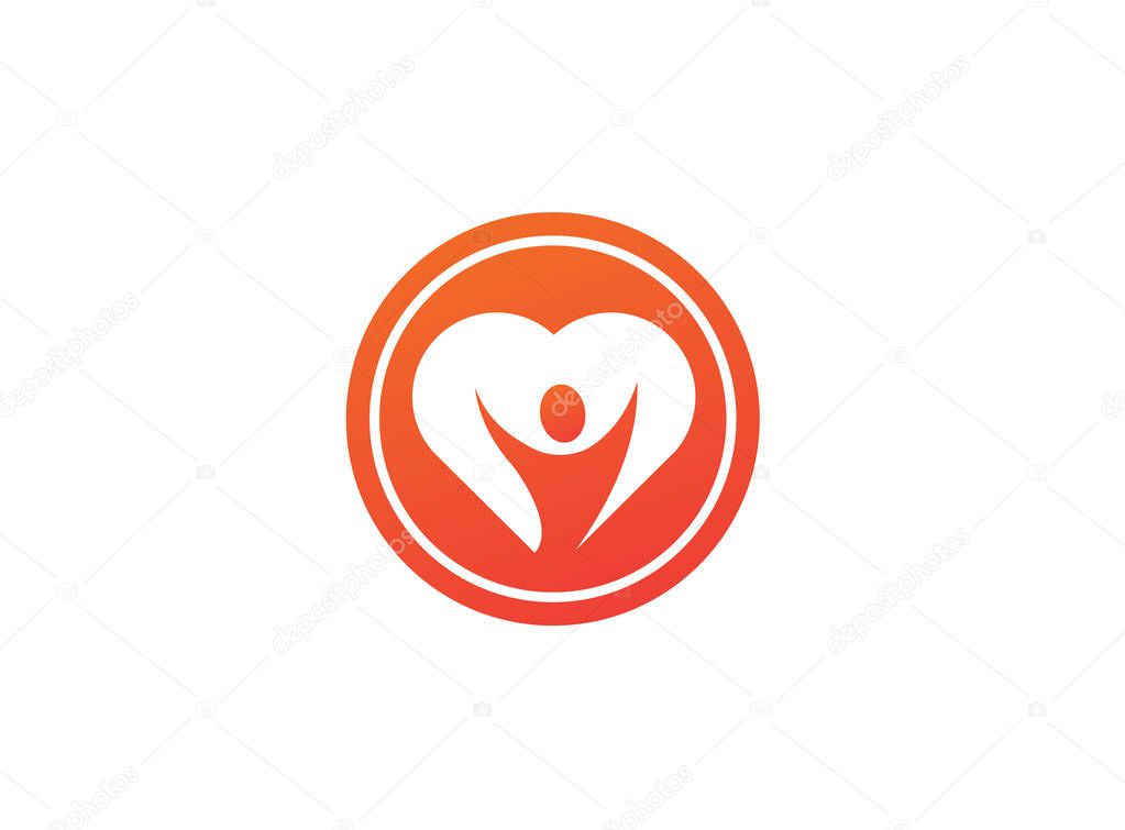 Cheerful human silhouette in heart logo in round red sticker isolated on white background