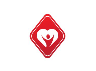 Beyaz arka plan üzerinde izole kare etiket üzerinde kalp logosu neşeli insan silueti 