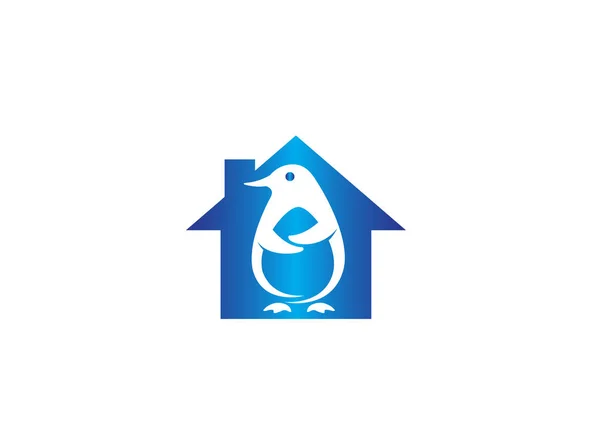 Logo Silhouette Pingouin Blanc Sur Maison Bleue Isolé Sur Fond — Image vectorielle