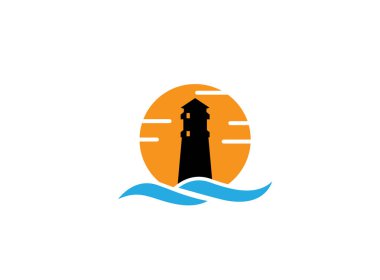 Beyaz arka plan üzerinde günbatımı logosu dalgalar ile Deniz Feneri 