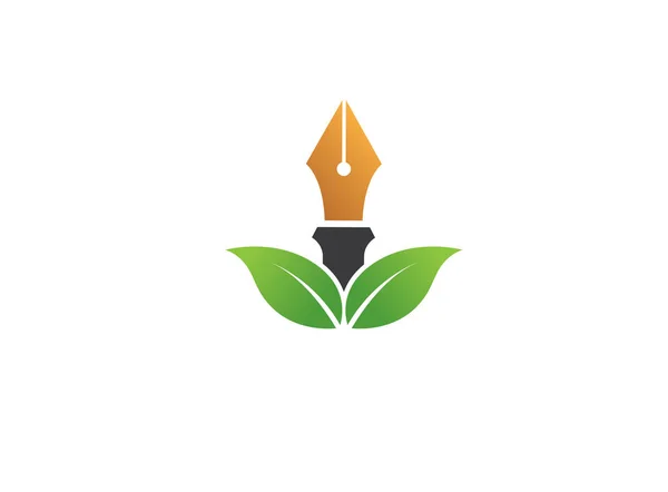 Pluma Plumín Con Logotipo Hojas Verdes Sobre Fondo Blanco — Archivo Imágenes Vectoriales