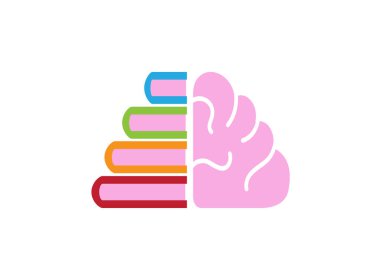 Beyaz arka planda kitaplar ve beyin logosu tasarım illüstrasyon