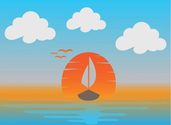 日落和一条在海中飞舞的海鸥的船 在白色背景上为标志设计插图 — 图库照片