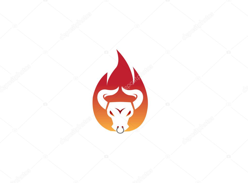 Angry bullhead in fire buffalo cow flame for logo design illustration on white background