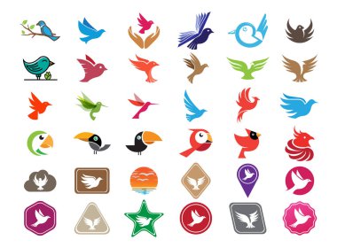 Kuşlar 36 simgeleri beyaz arka plan, çok uçan hayvanlar sembolü üzerinde logo tasarım illüstrasyon ayarlayın