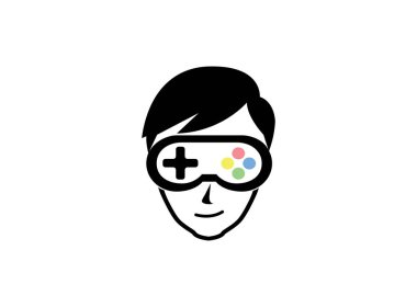 Beyaz arka plan üzerinde gamer kafa saç konsolu sembolü vektör logo tasarım illüstrasyon