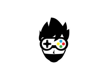 Beyaz arka plan üzerinde gamer kafa saç konsolu sembolü vektör logo tasarım illüstrasyon