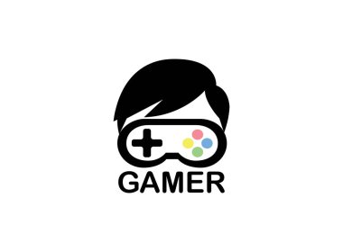 Beyaz arka plan üzerinde gamer kafa saç konsolu sembolü vektör logo tasarım illüstrasyon