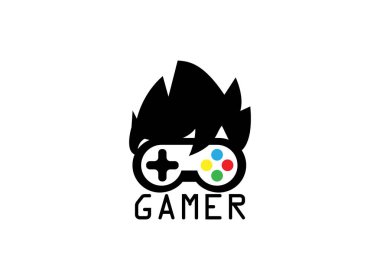 Beyaz arka plan üzerinde gamer kafa saç konsolu sembolü vektör logo tasarım illüstrasyon