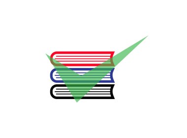 Beyaz arkaplanda logo tasarımı illüstrasyonu için çoklu kitap ve kontrol işareti, eğitim simgesi