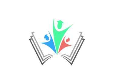 Öğrenci grubu beyaz arkaplan üzerine logo tasarımı için bir kitap içinde el ele tutuşuyor.