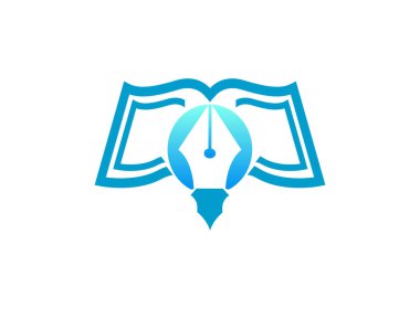beyaz arkaplanda logo tasarımı çizimi için açık bir kitap üzerindeki kağıt kalem ucu
