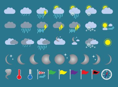 Hava simgeleri; bulutlu, yağmurlu ve güneş tasarımı resimli bir dünya haritası içerir.