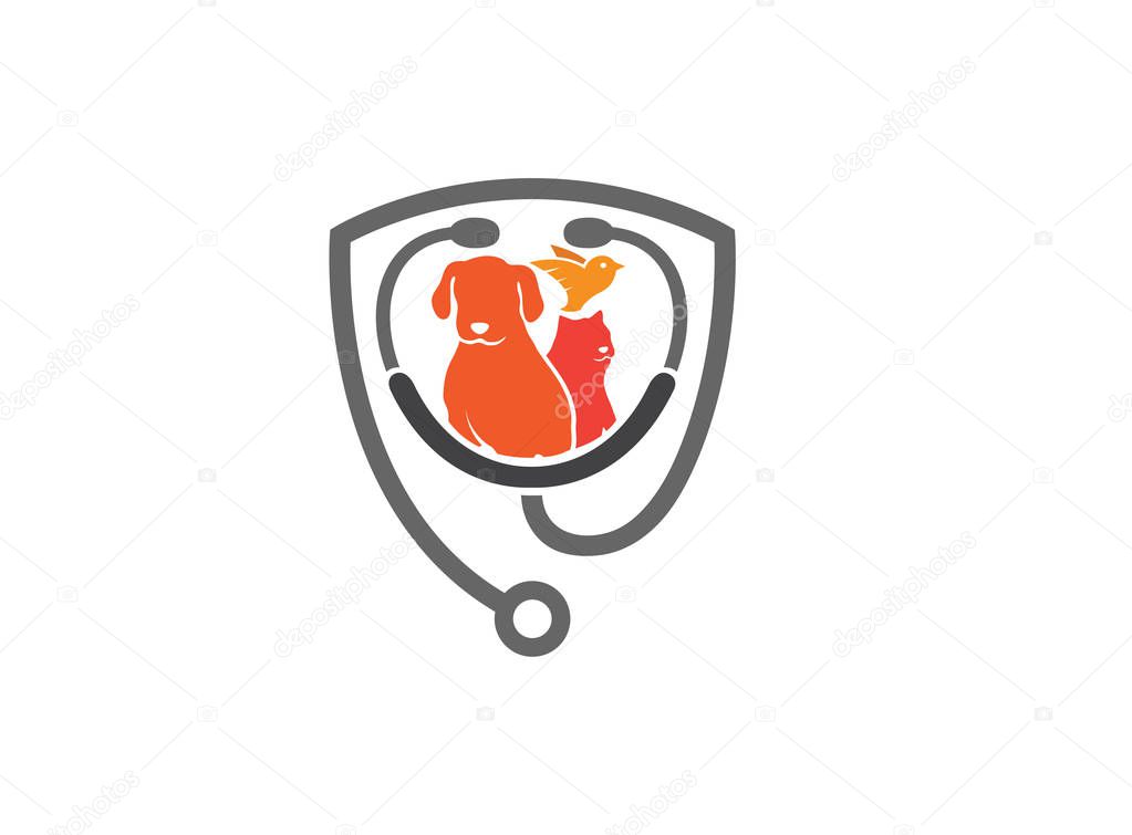 veterinary stethoscope with dog, cat and bird logo design illustration on white background