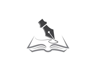 Kitabın üzerine kalem yazma, beyaz arka planda logo tasarımı için açık bir kitabın mürekkep ucu.
