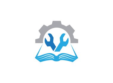 Mekanik kitap vites aletleri logo tasarımı, beyaz arka planda endüstri illüstri çizimi ile birleşir