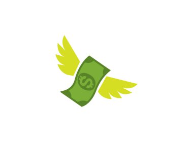 Uçan banknotlar yığını, kanat sineği logo çizgisi resim ikonu dizaynı olan para kümesi, beyaz arkaplan üzerinde düz çizim tasarımı olan Amerikan para birimi kanatlı izole nesne.