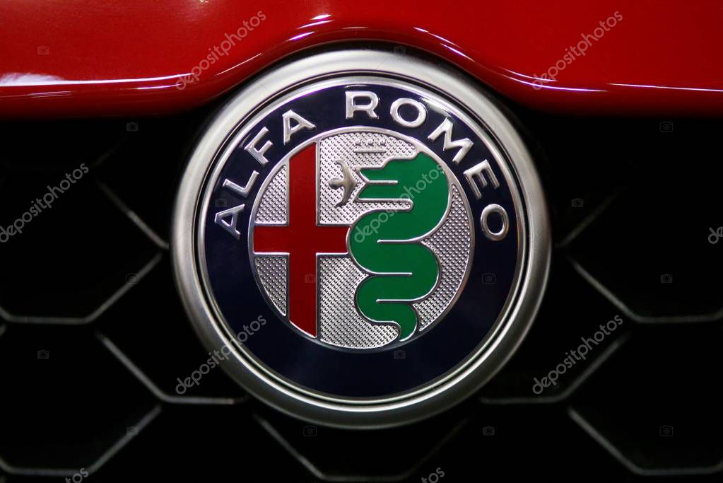 Bucharest, Romania - October 21, 2018: The logo of a red Alfa Romeo car is seen during Bucharest Auto Show, in Bucharest, Romania. This image is for editorial use only.