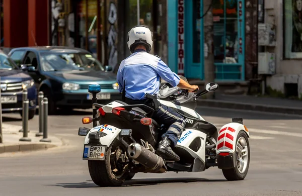 Bucharest Romania July 2019 Policeman Ride Three Wheeled Motorcycle Can — Stock Photo, Image
