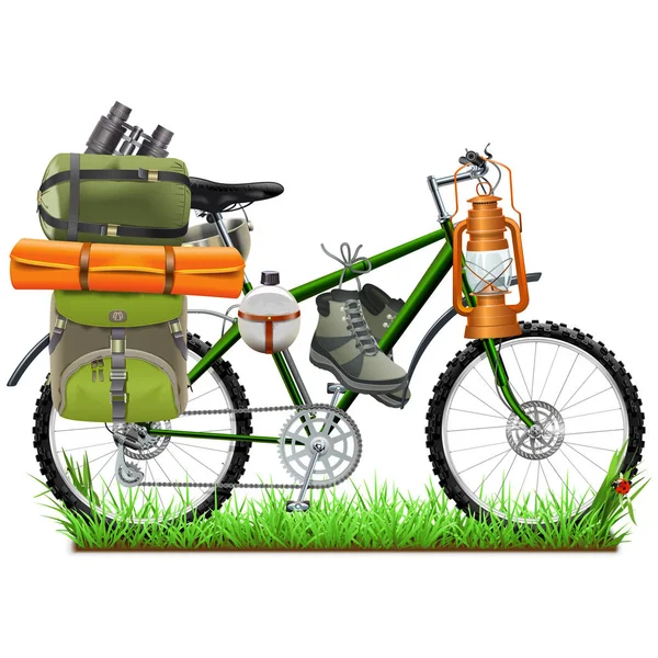 Vector Camping Bicicleta Isolada Fundo Branco — Vetor de Stock