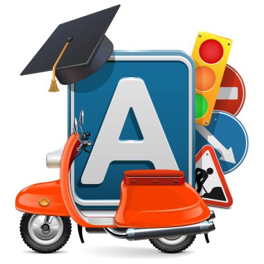 Turuncu beyaz arka plan üzerinde izole Scooter ile vektör Driving School kavramı
