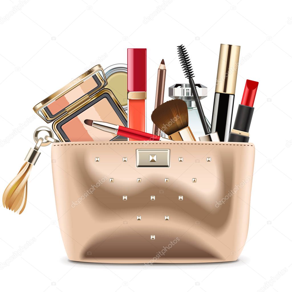 Vector Golden Cosmetic Bag with Cosmetics isolated on white background
