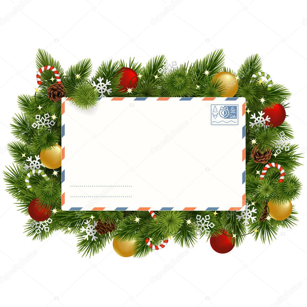 Vector Christmas Fir Branches with Postcard isolated on white background