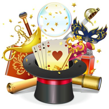 Vektör Magic kavramı beyaz arka plan üzerinde izole şapka ile