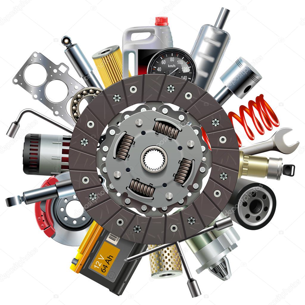 Vector Car Spares Concept with Clutch Disc isolated on white background