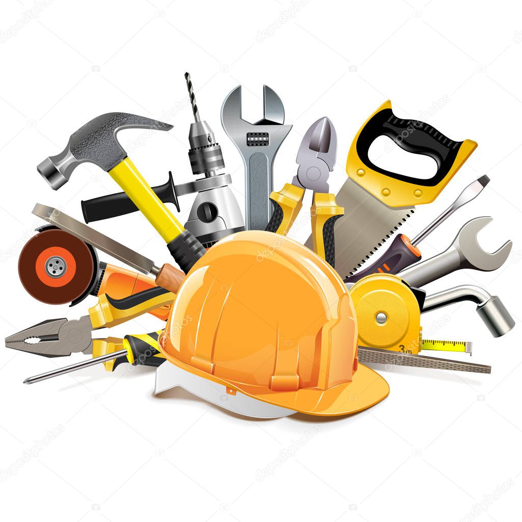 Vector Orange Construction Helmet with Hand Tools isolated on white background