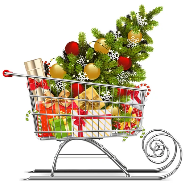 Supermercado Vetorial Sleigh Com Decorações Natal Isolado Fundo Branco — Vetor de Stock