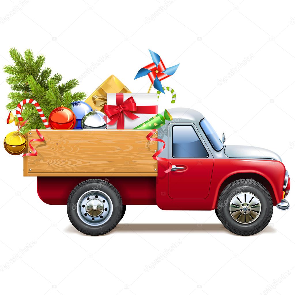Vector Christmas Truck with Fir Tree isolated on white background