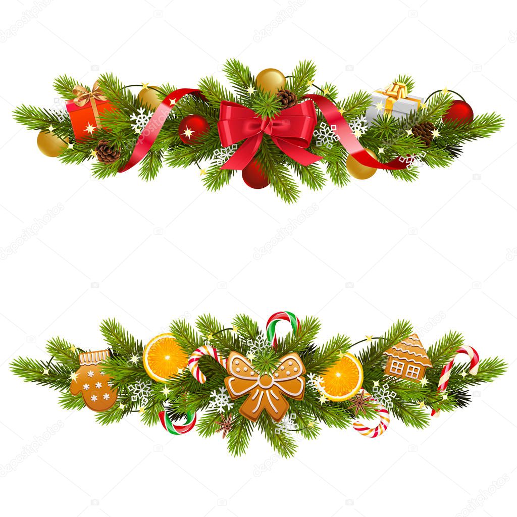 Vector Christmas Fir Decoration with Garland isolated on white background