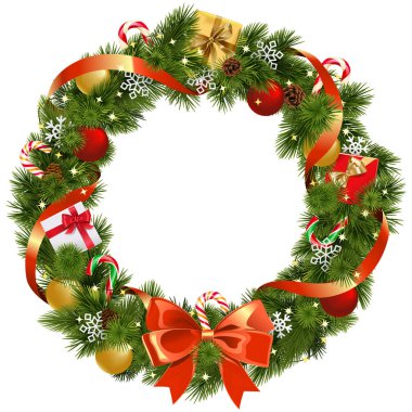 Vektör Noel çam çelenk kırmızı beyaz arka plan üzerinde izole yay ile