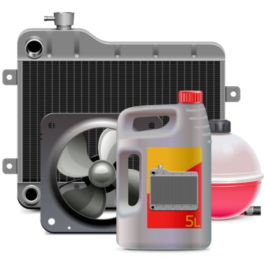 Vektör motor soğutma sistemi parçaları ile beyaz arka plan üzerinde izole antifriz