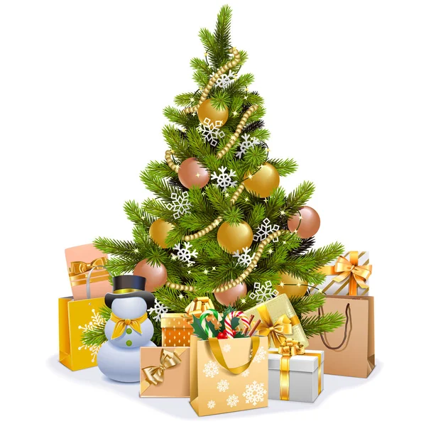 Albero Natale Vettoriale Con Decorazioni Dorate Isolate Sfondo Bianco — Vettoriale Stock