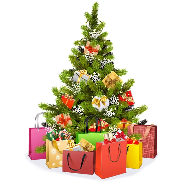 Vector Kerstboom Met Boodschappentassen Geïsoleerd Witte Achtergrond — Stockvector