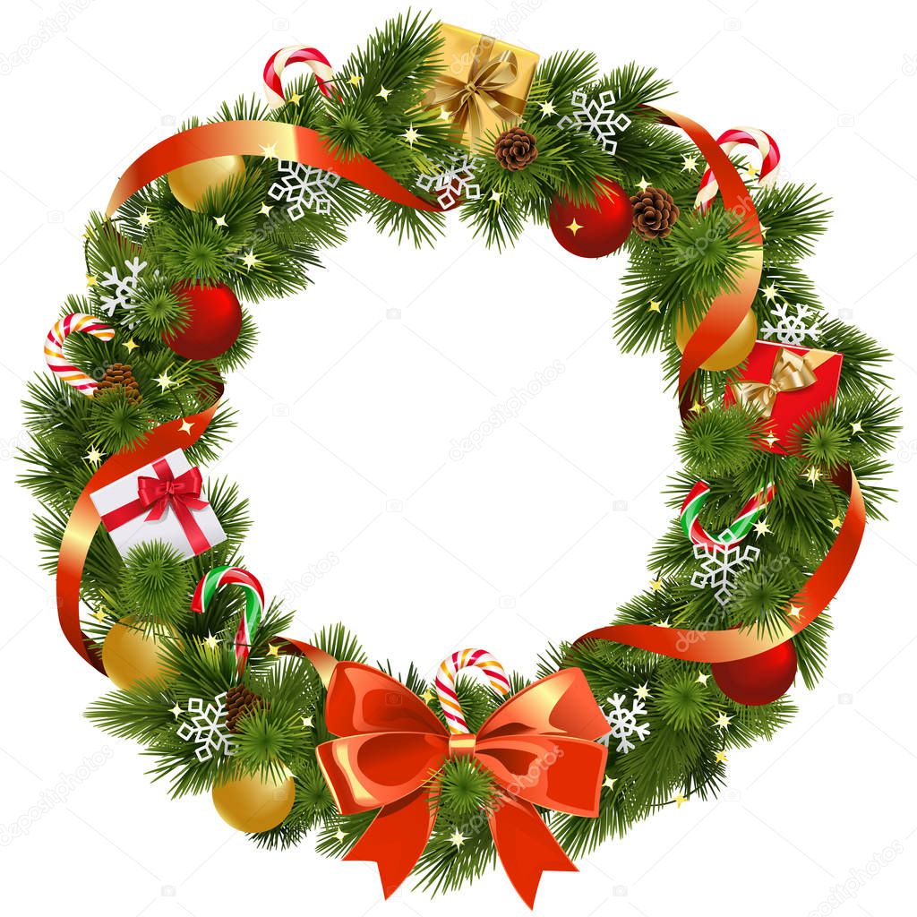 Vector Christmas Pine Wreath with Red Bow isolated on white background