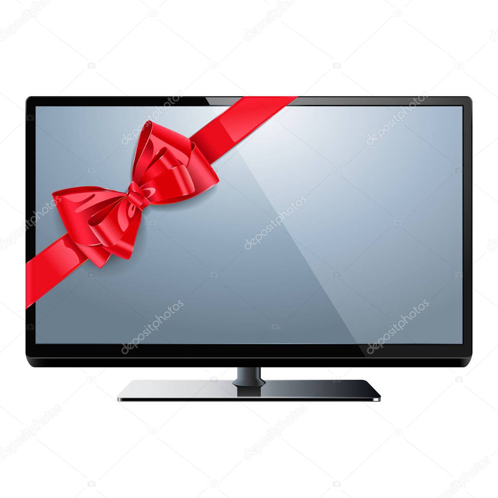 Vector Television with Red Bow isolated on white background