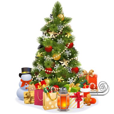 Beyaz arka plan üzerinde izole Garland ile vektör Noel çam ağacı