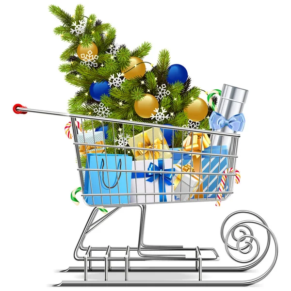 Vector Shopping Trineo Con Decoraciones Navideñas Aisladas Sobre Fondo Blanco — Vector de stock