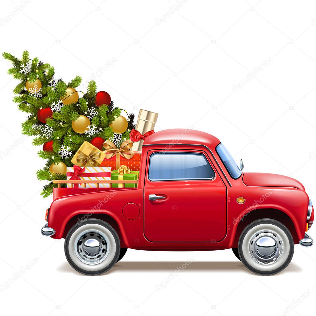 Vector Christmas Red Pickup isolated on white background