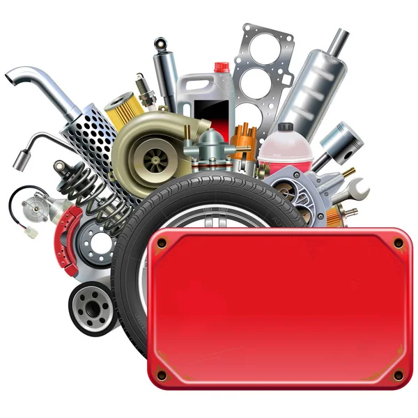 Cadre rouge vectoriel avec pièces de voiture — Image vectorielle